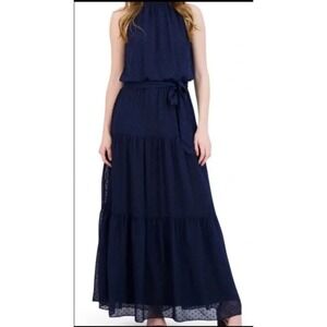 JULIA JORDAN Navy Blue Swiss Dot Mock Neck Maxi Dress Size 4‎